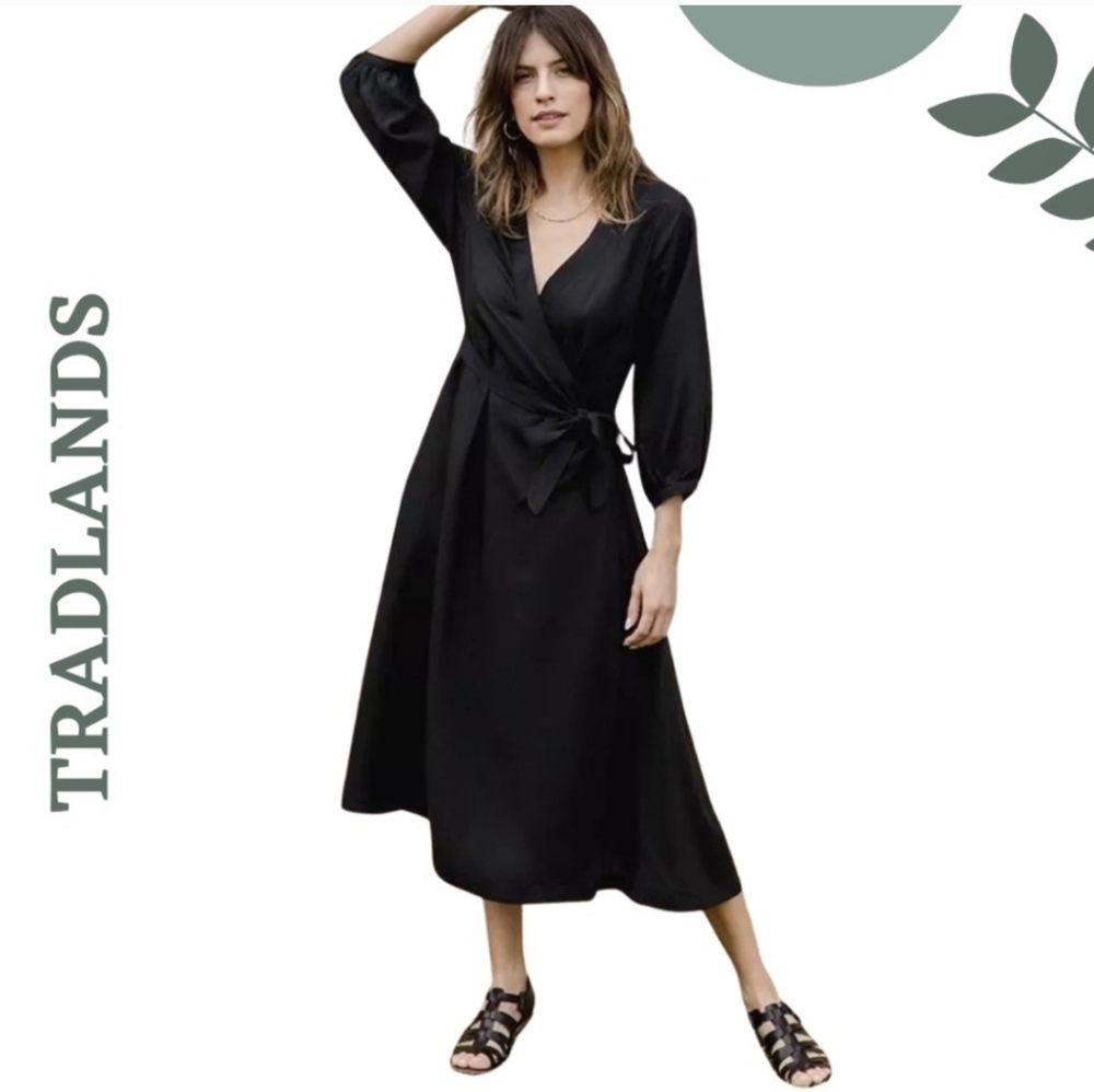 Tradlands Black Wrap Maxi Dress with Belt | Linen Blend | Elegant | Size S
